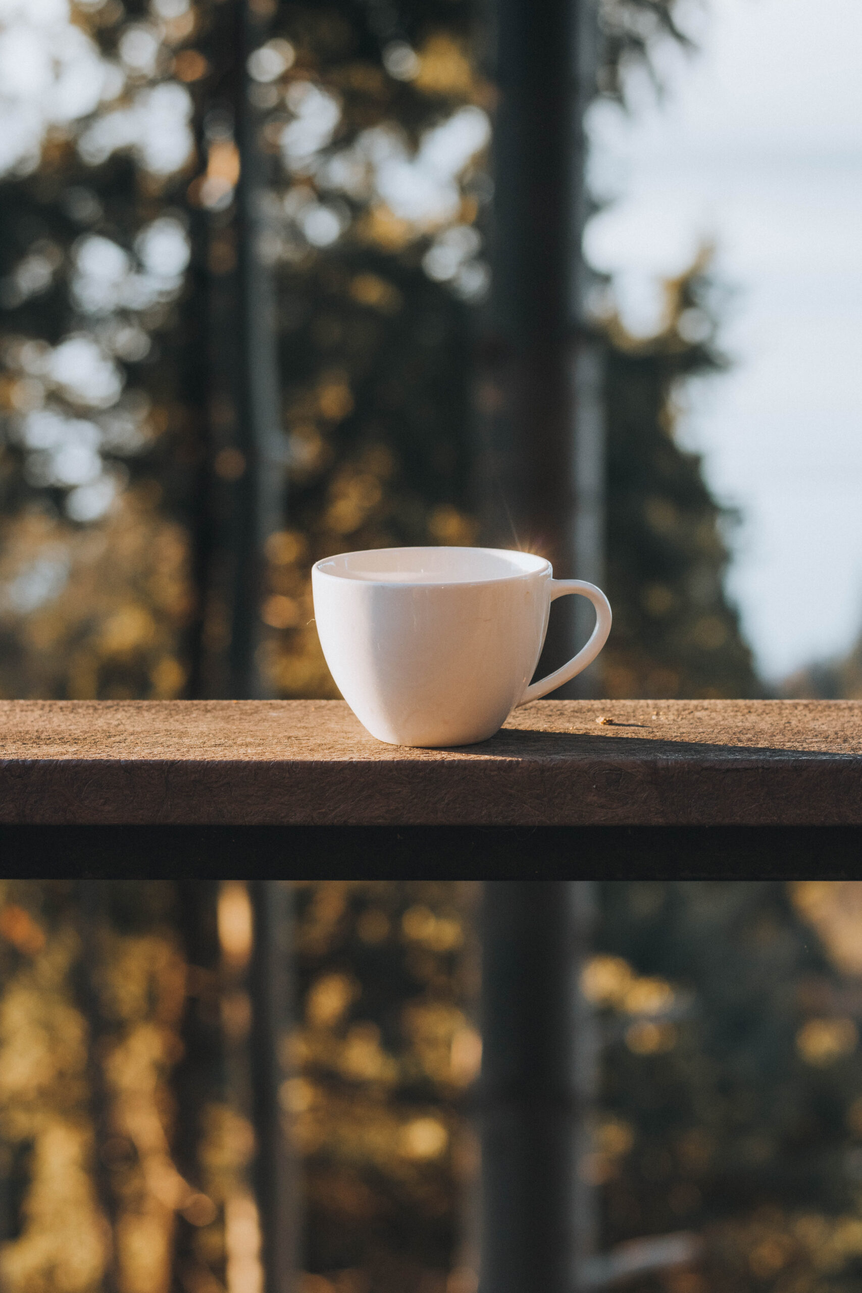 coffee cup on balcony railing