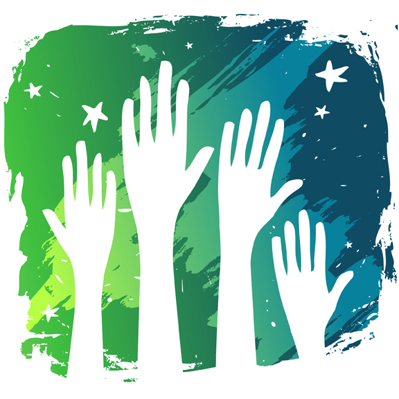 hands raised in front of a green blue background